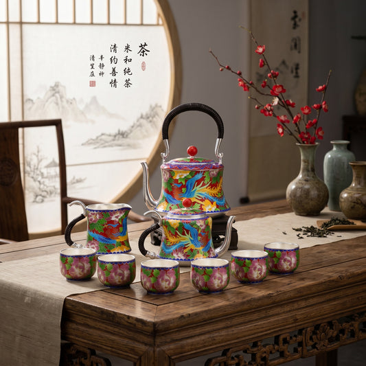 925 Sterling Silver Enamel Phoenix Dragon Teapots with Floral Patterns and Vibrant Colors - Handicraft
