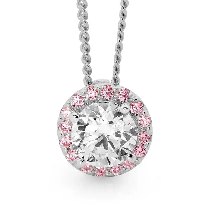 Blush pink and white cubic zirconia halo pendant in 925 sterling silver by Giulia's Secret