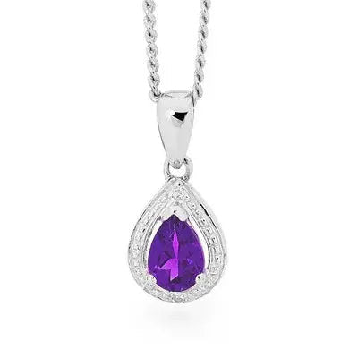 Natural amethyst teardrop pendant in 925 sterling silver with chain by Giulia's Secret