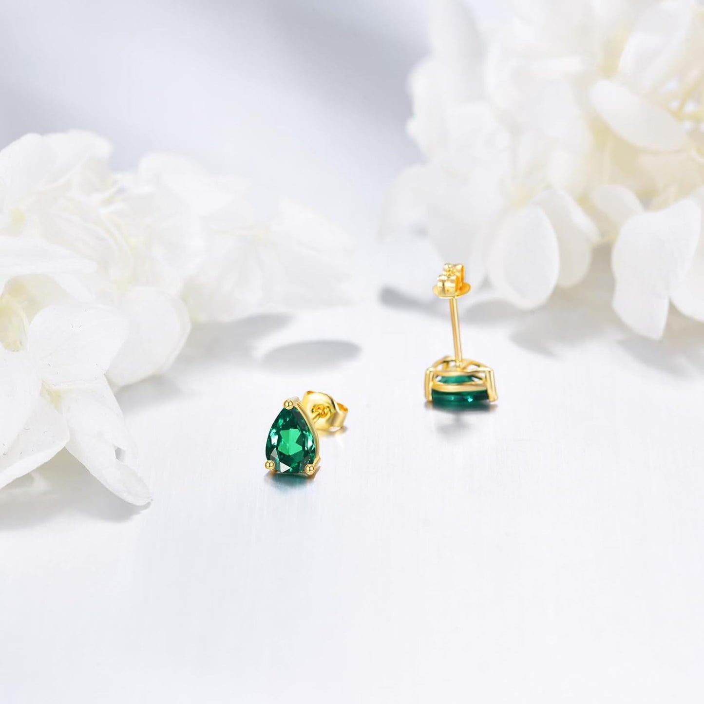 14K Gold Emerald Pear-Shaped Stud Earrings