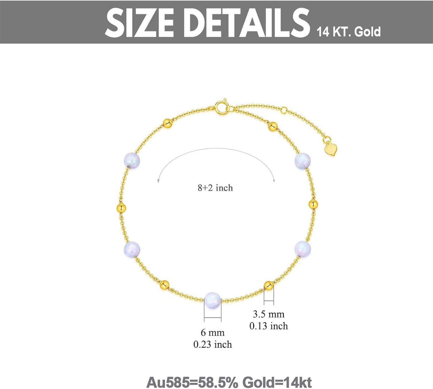 Tobilleras de cadena de oro de 14 quilates con ópalos y abalorios morados para mujer - Talla ajustable