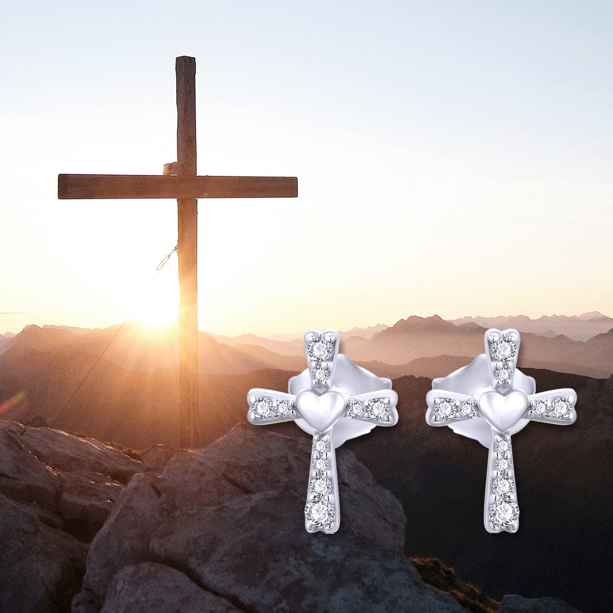 14K White Gold Cubic Zirconia Heart Cross Stud Earrings