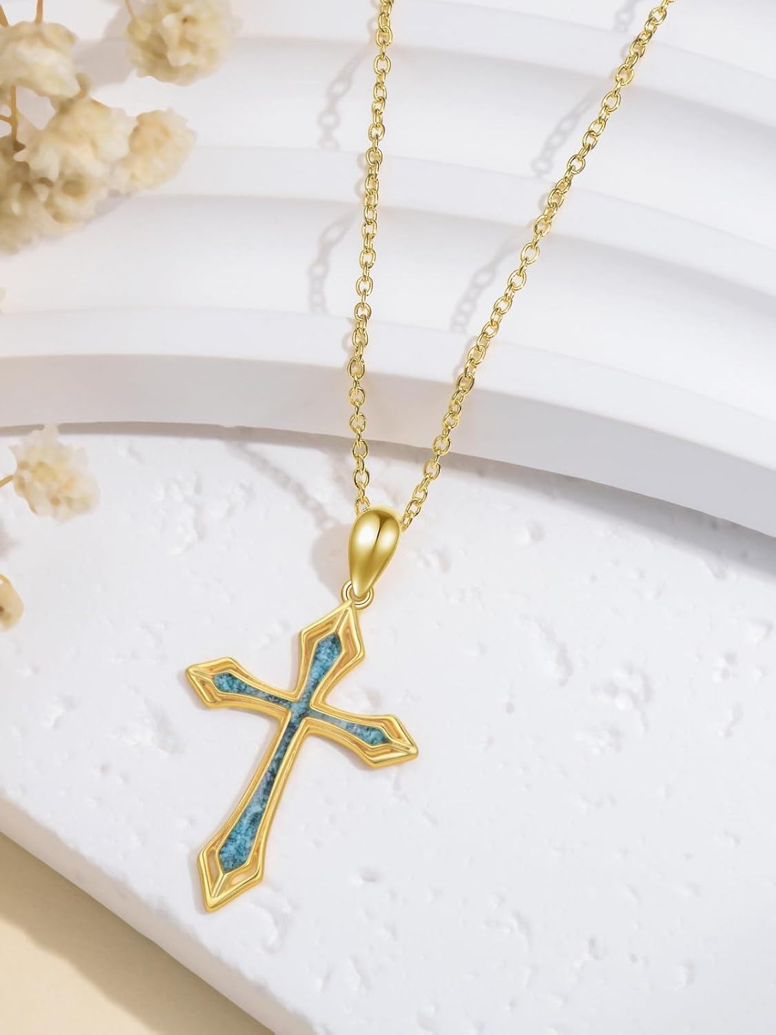 14K Gold Turquoise Inlay Cross Pendant Necklace