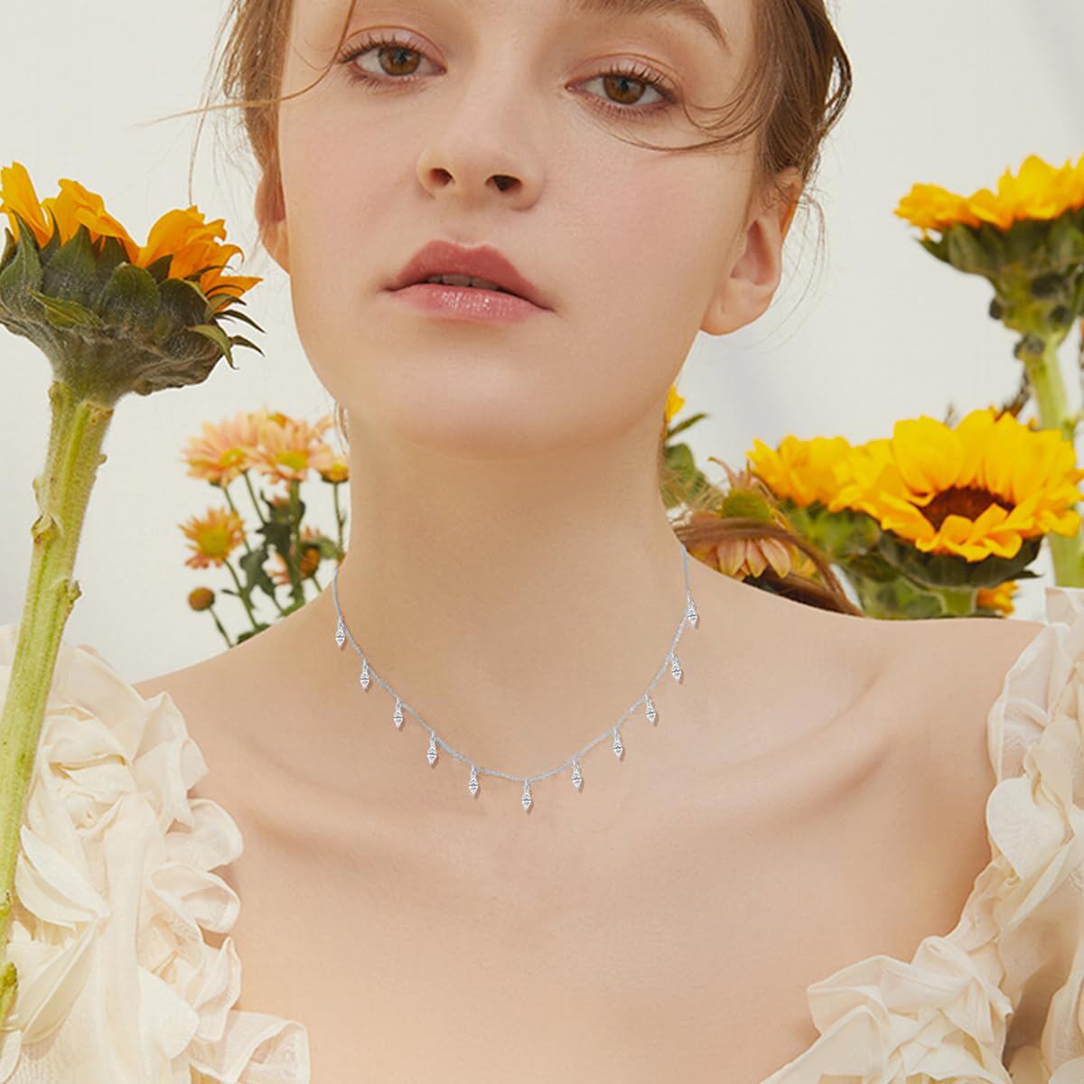 Cadena de oro de 14 quilates con circonitas cúbicas talla marquesa - Elegante collar con colgante para mujer