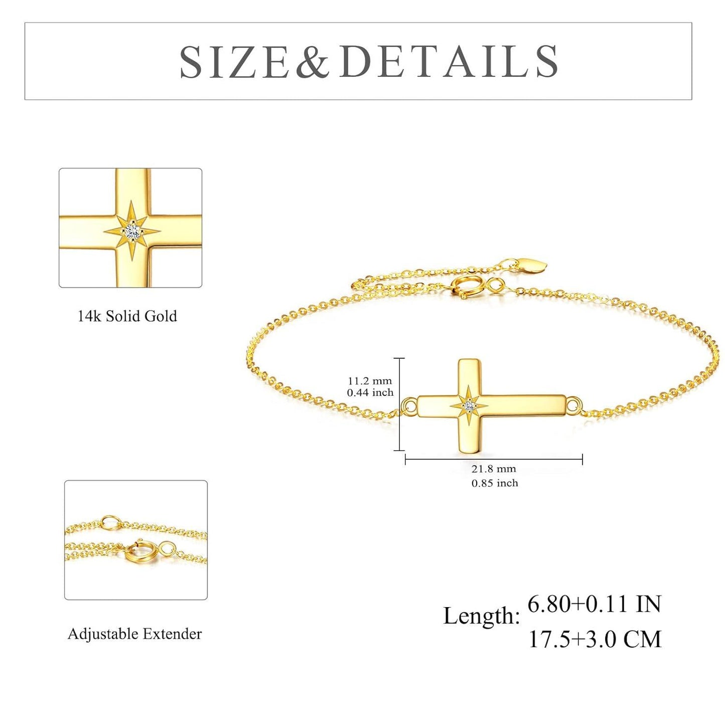 Pulsera de eslabones de cadena con cruz de perlas de oro de 14 quilates