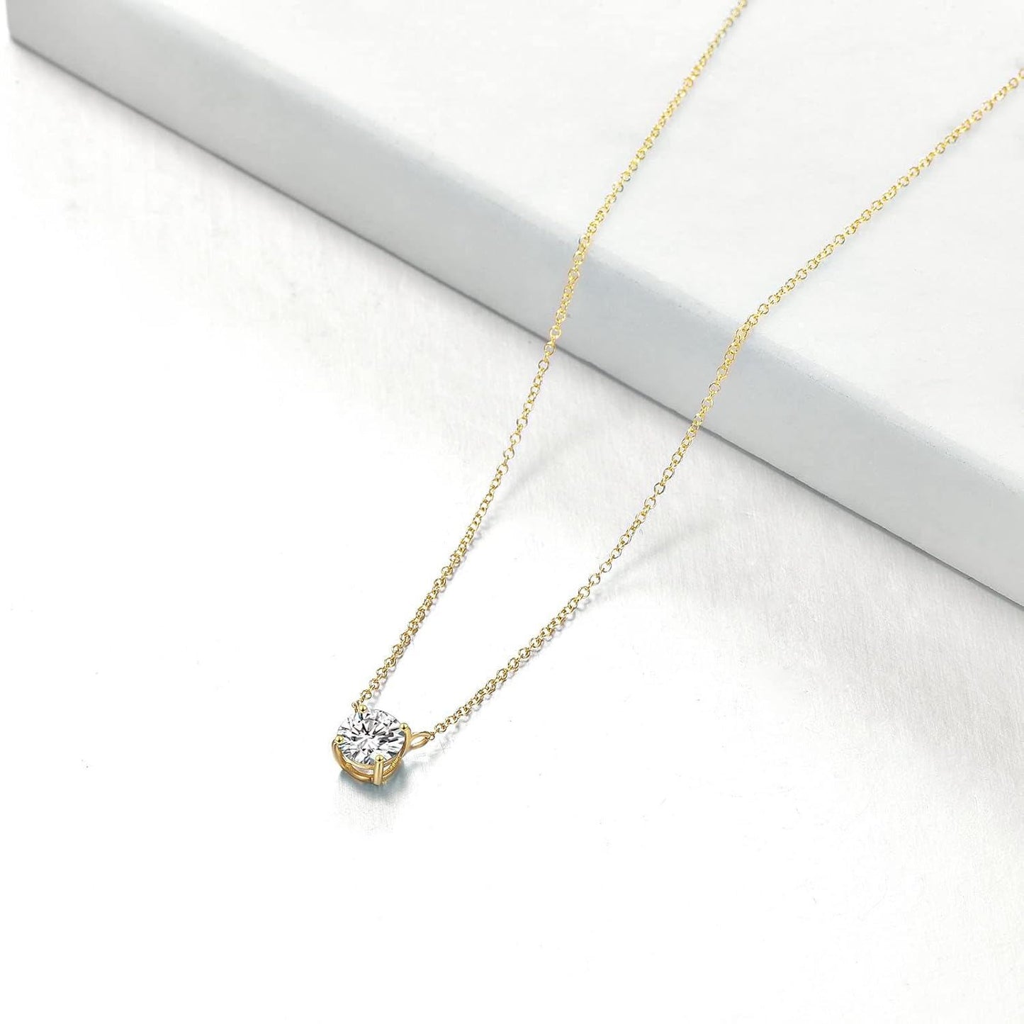 Collar con colgante solitario de moissanita redonda de oro rosa de 14K, 0,5-2 ct, cadena de 16+2