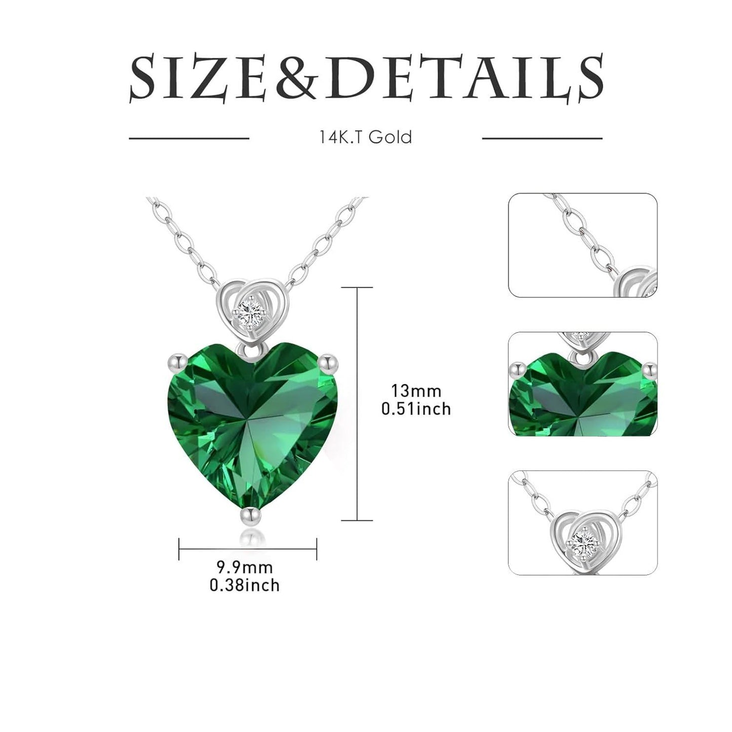 14K White Gold 3ct Emerald Birthstone Pendant Necklace