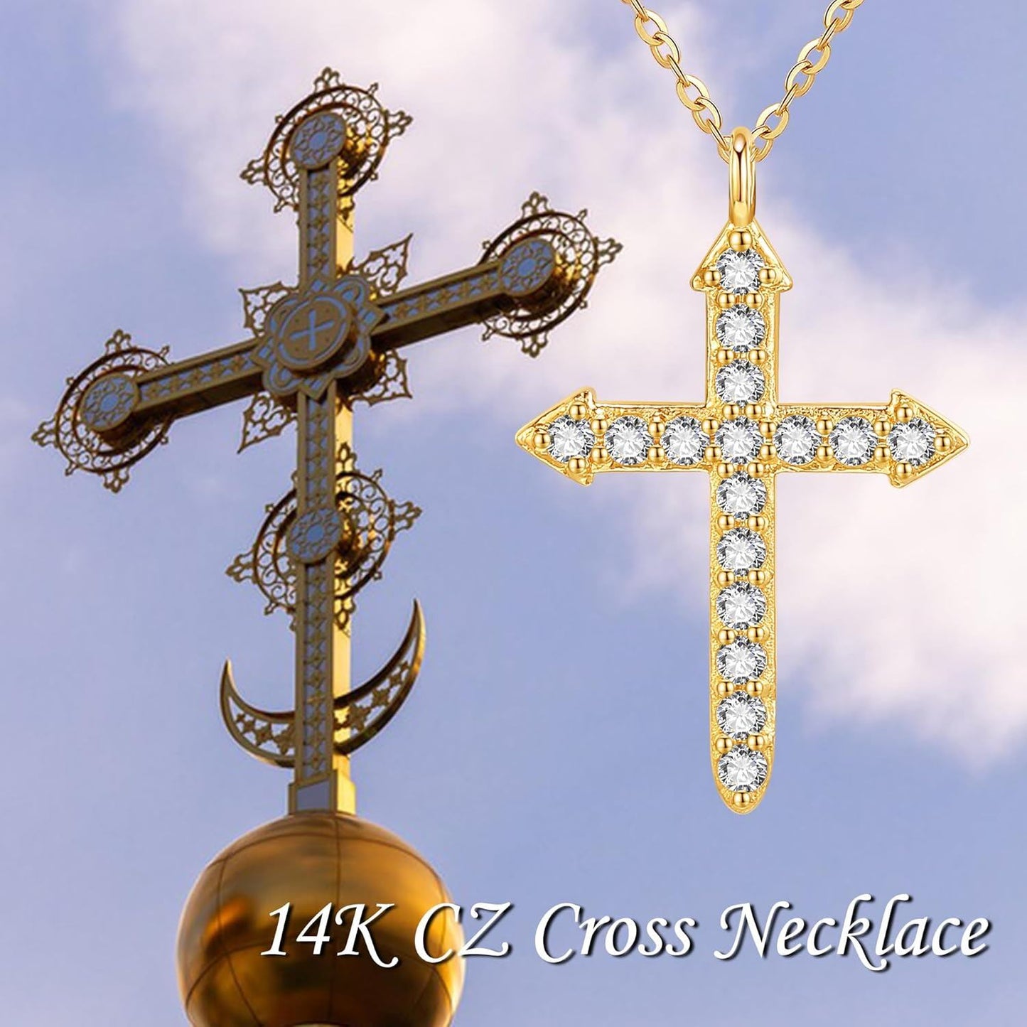 14K Gold Cross Pendant Necklace with Cubic Zirconia
