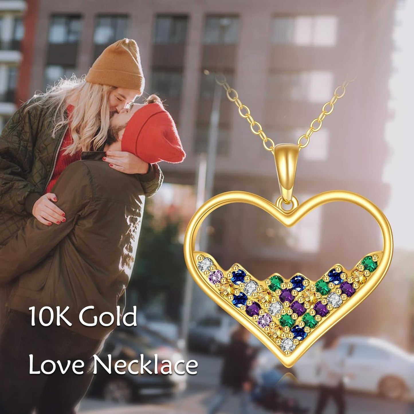 10K Gold Rainbow Crystal Heart Pendant Necklace
