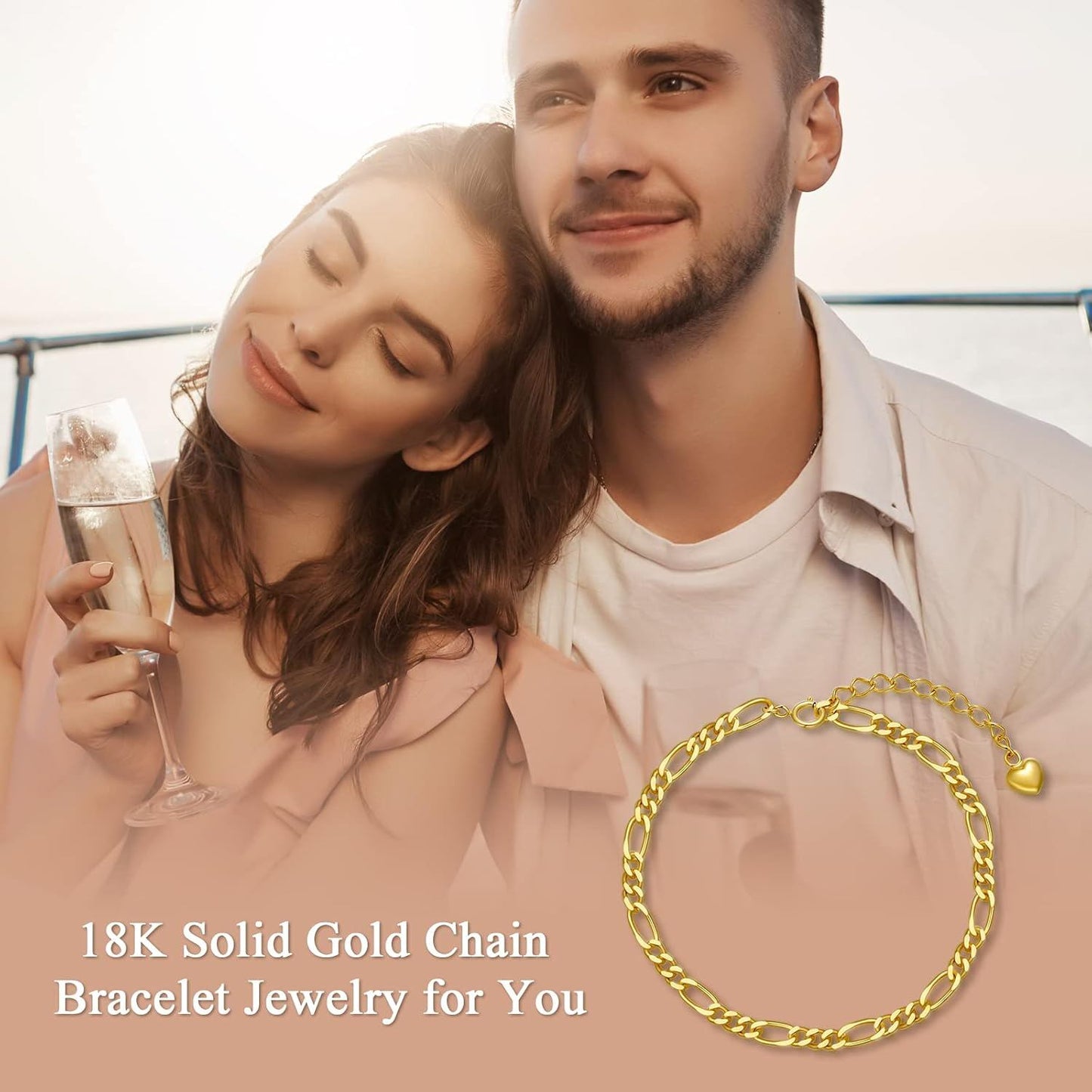 Pulsera de cadena de eslabones Figaro de oro de 18K con dije de corazón