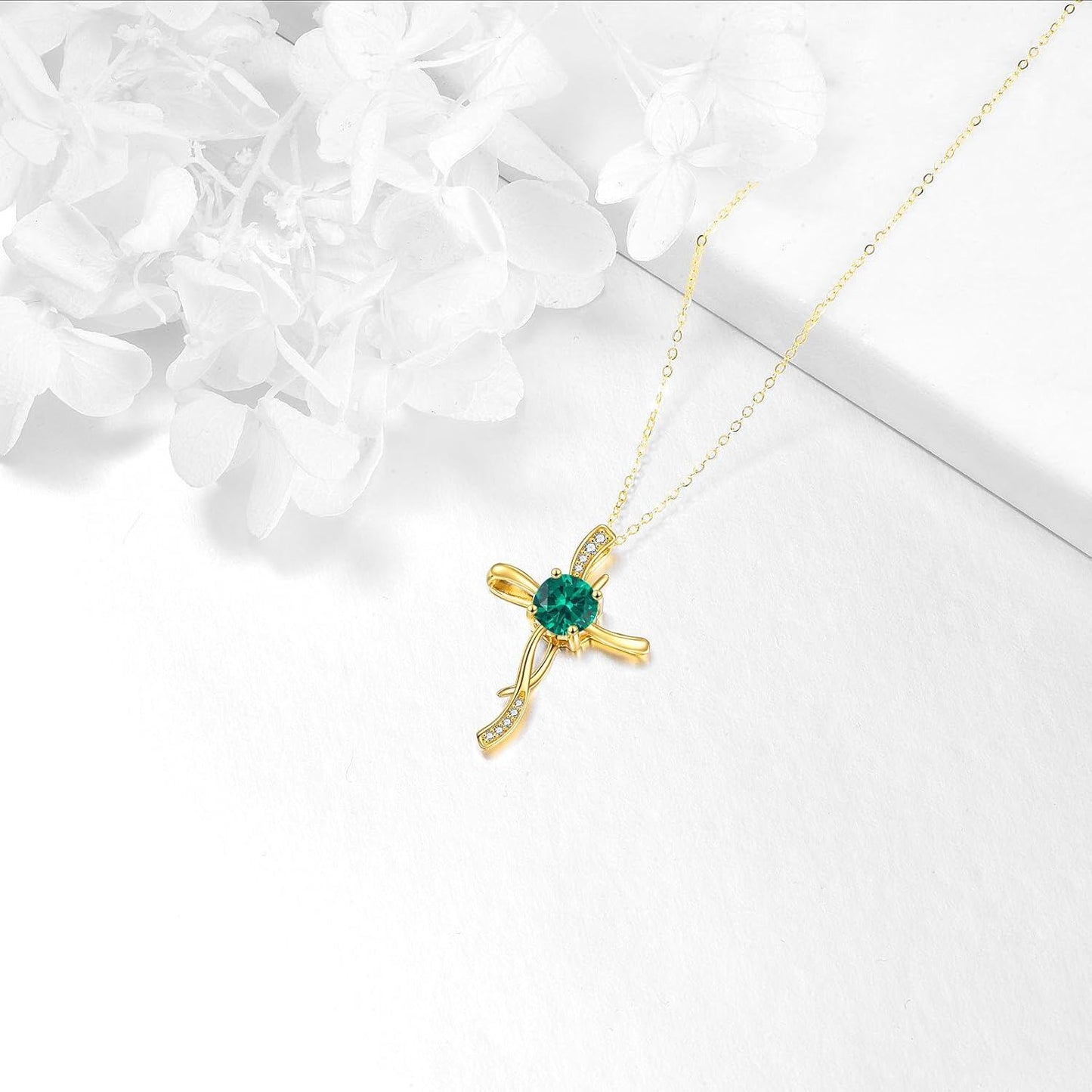 14K Gold Women's Cross Necklace with Cubic Zirconia