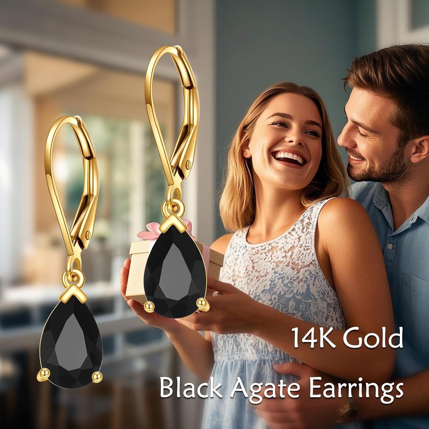 14k Yellow Gold Black Onyx Teardrop Earrings