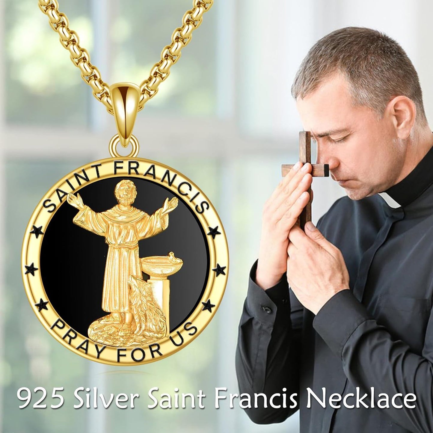 925 Sterling Silver Plated Gold Saint Francis Pray for Us Religious Medal Necklaces