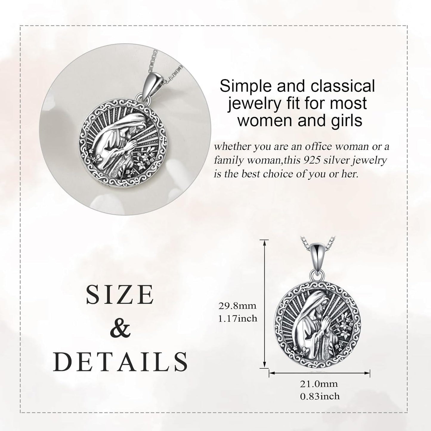 925 Sterling Silver Virgin Mary Pendant Necklace with Oxidized Finish – Elegant Religious Jewelry Gift