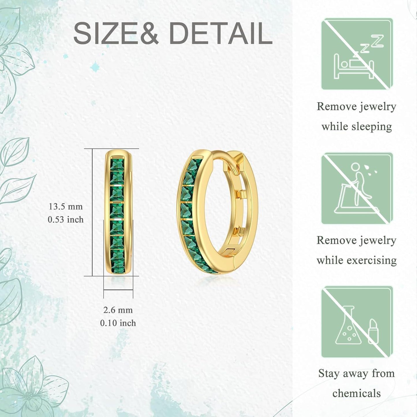 14K Gold Emerald Hoop Earrings - 3 Row Green Gemstone Jewelry