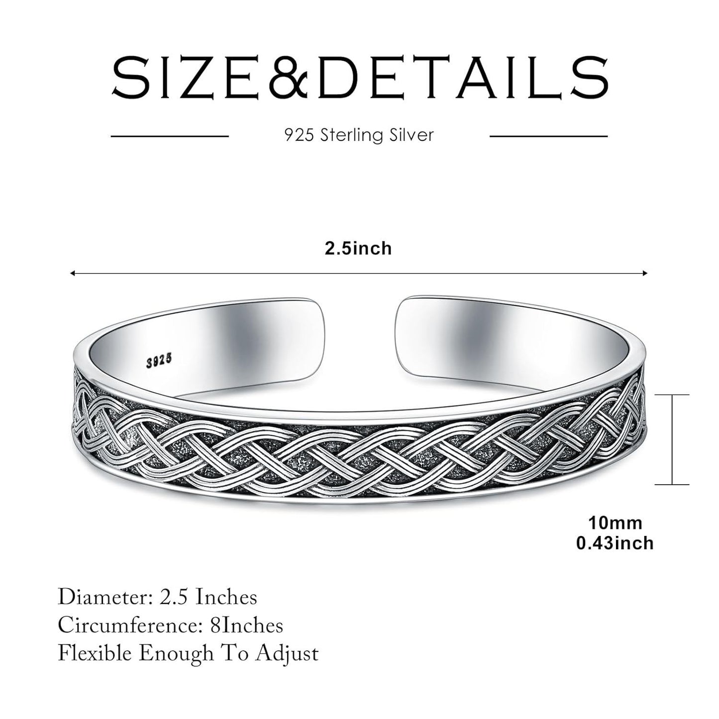 Pulsera de puño de nudo celta de metal de plata de ley 925 con piedra, venta al por mayor 925 para hombres y mujeres