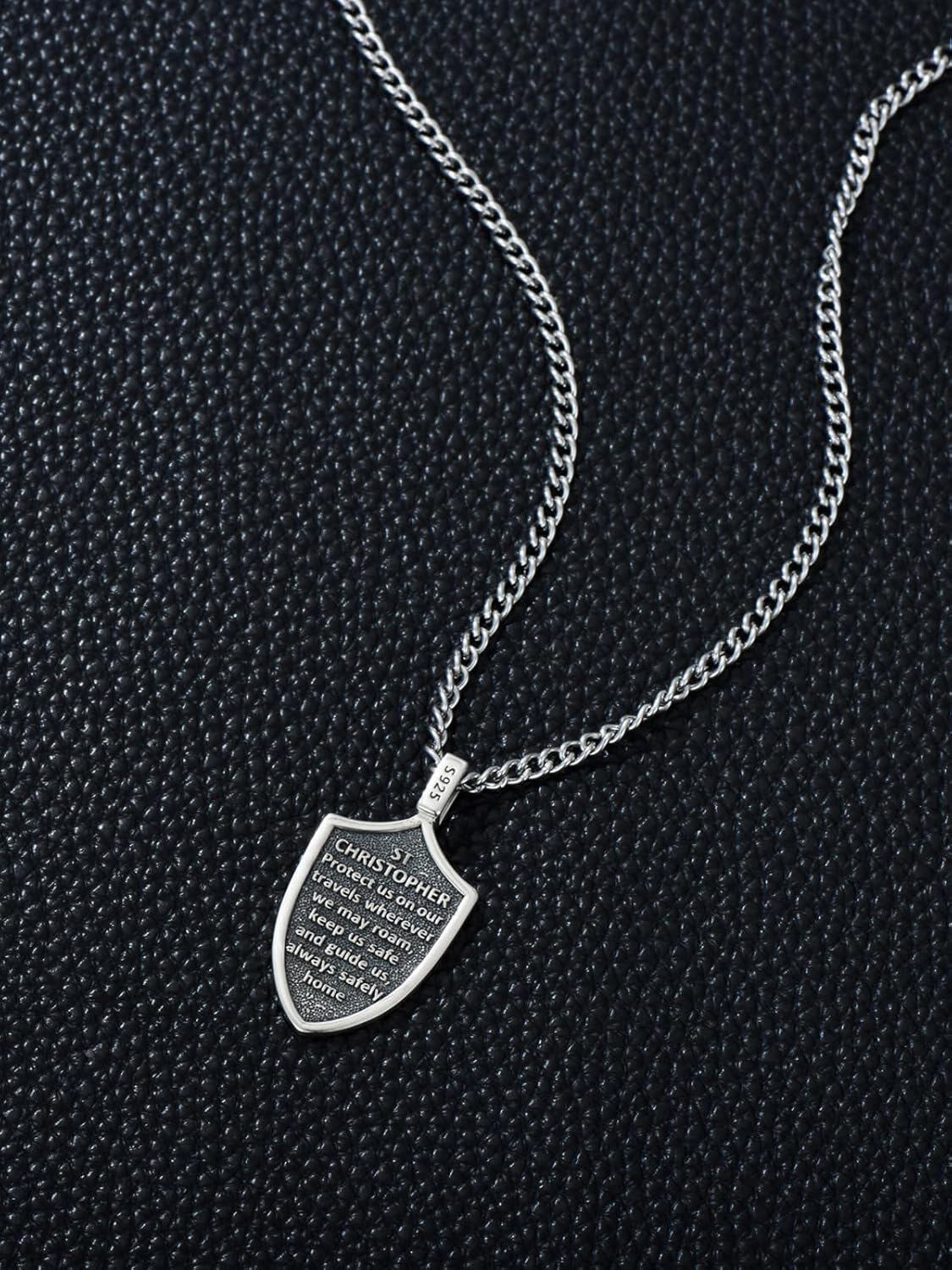 925 Sterling Silver St Christopher Shield Pendant Necklace