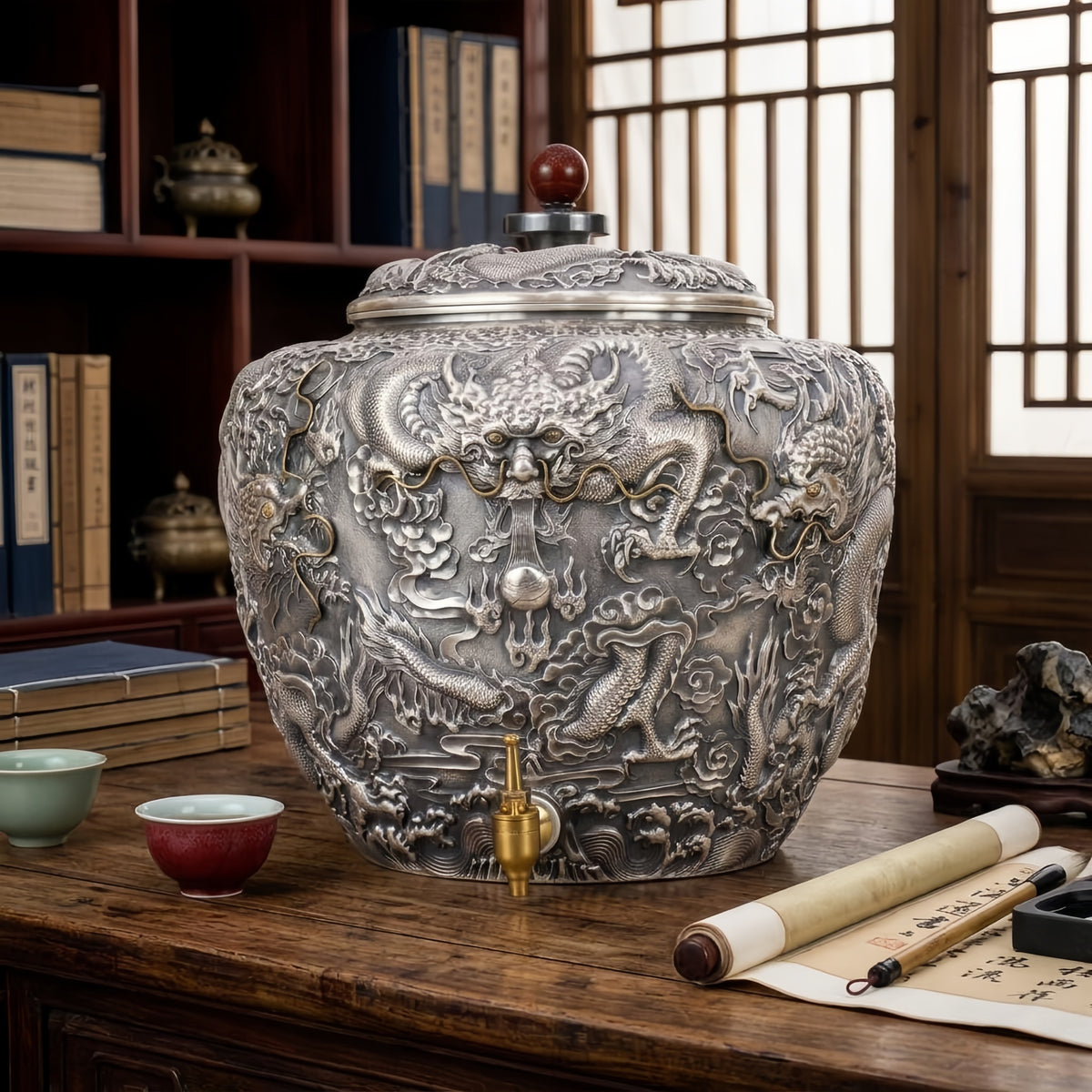 Gold-accented spout and handle rings on the 999 fine silver dragon vessel