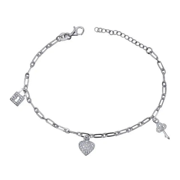 Charm Bracelet with White Cz Padlock, Heart & Key Giulia'secret