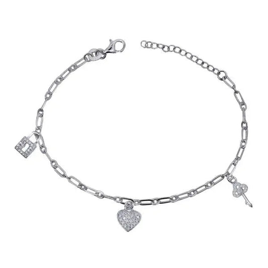 Sterling silver chain bracelet with heart, lock, and key charms for women