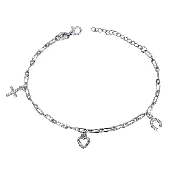 Charm Bracelet with White Cz Cross, Open Heart & Horseshoe Giulia'secret