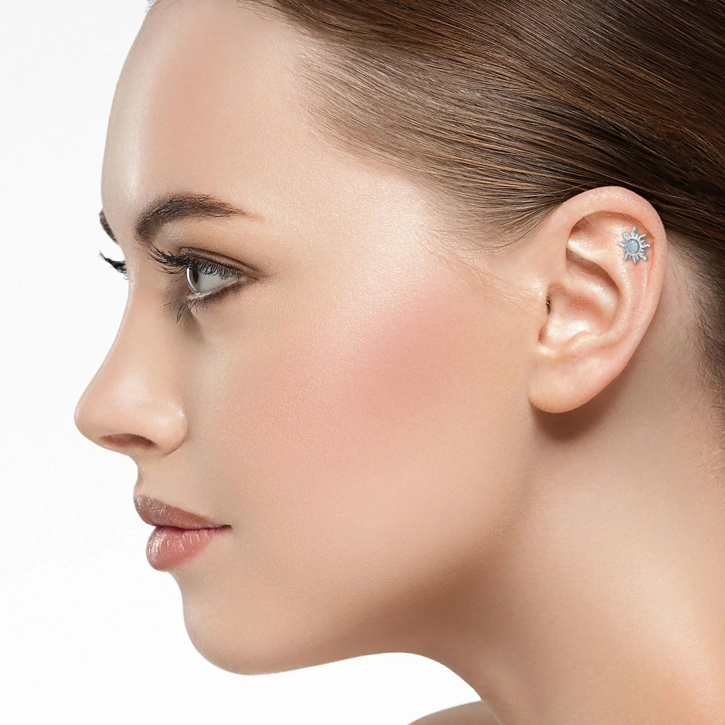 Sun Sterling Silver Tragus, Helix, Upper Ear Piercing with Imitation Opal on 1.2mm (16G) 316 Surgical Steel Threaded Barbell Giulia'secret