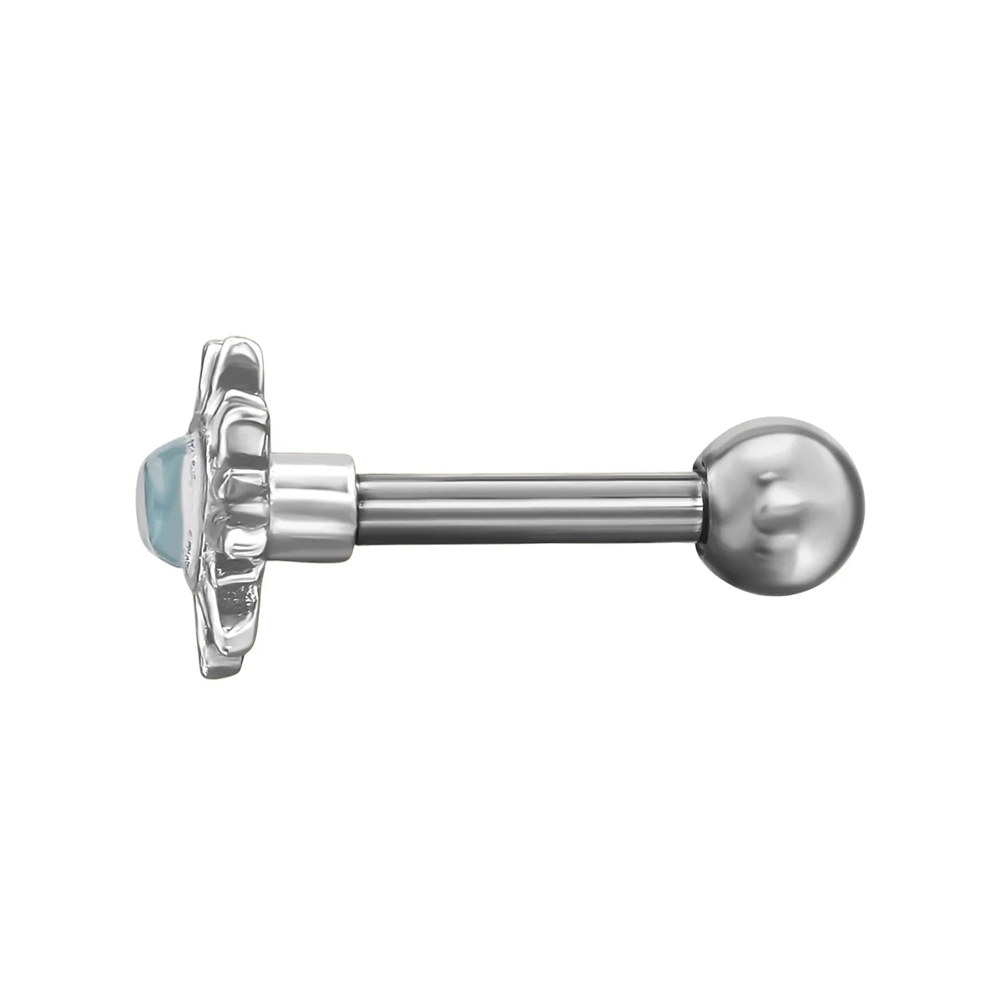 Sun Sterling Silver Tragus, Helix, Upper Ear Piercing with Imitation Opal on 1.2mm (16G) 316 Surgical Steel Threaded Barbell Giulia'secret