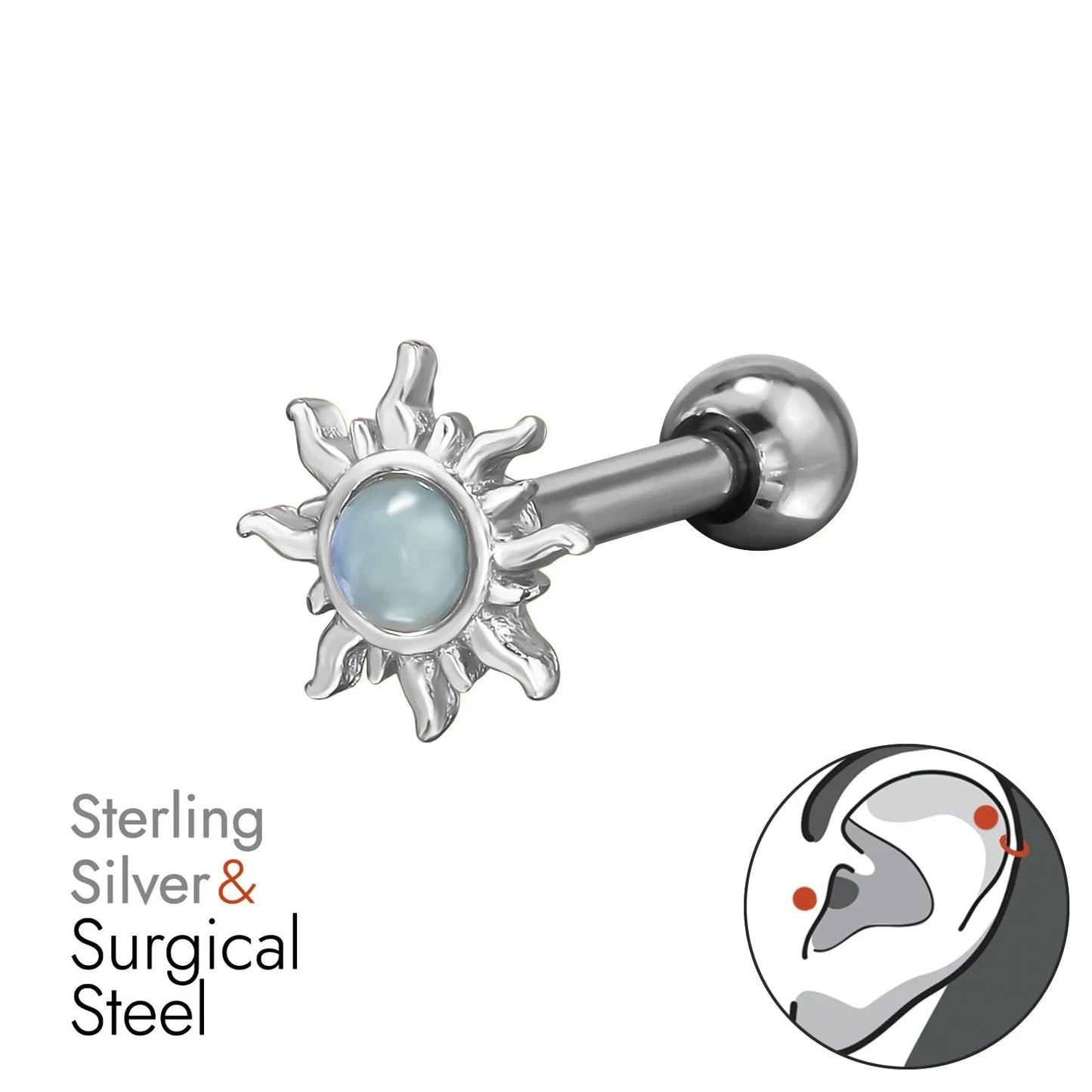 Sun Sterling Silver Tragus, Helix, Upper Ear Piercing with Imitation Opal on 1.2mm (16G) 316 Surgical Steel Threaded Barbell Giulia'secret