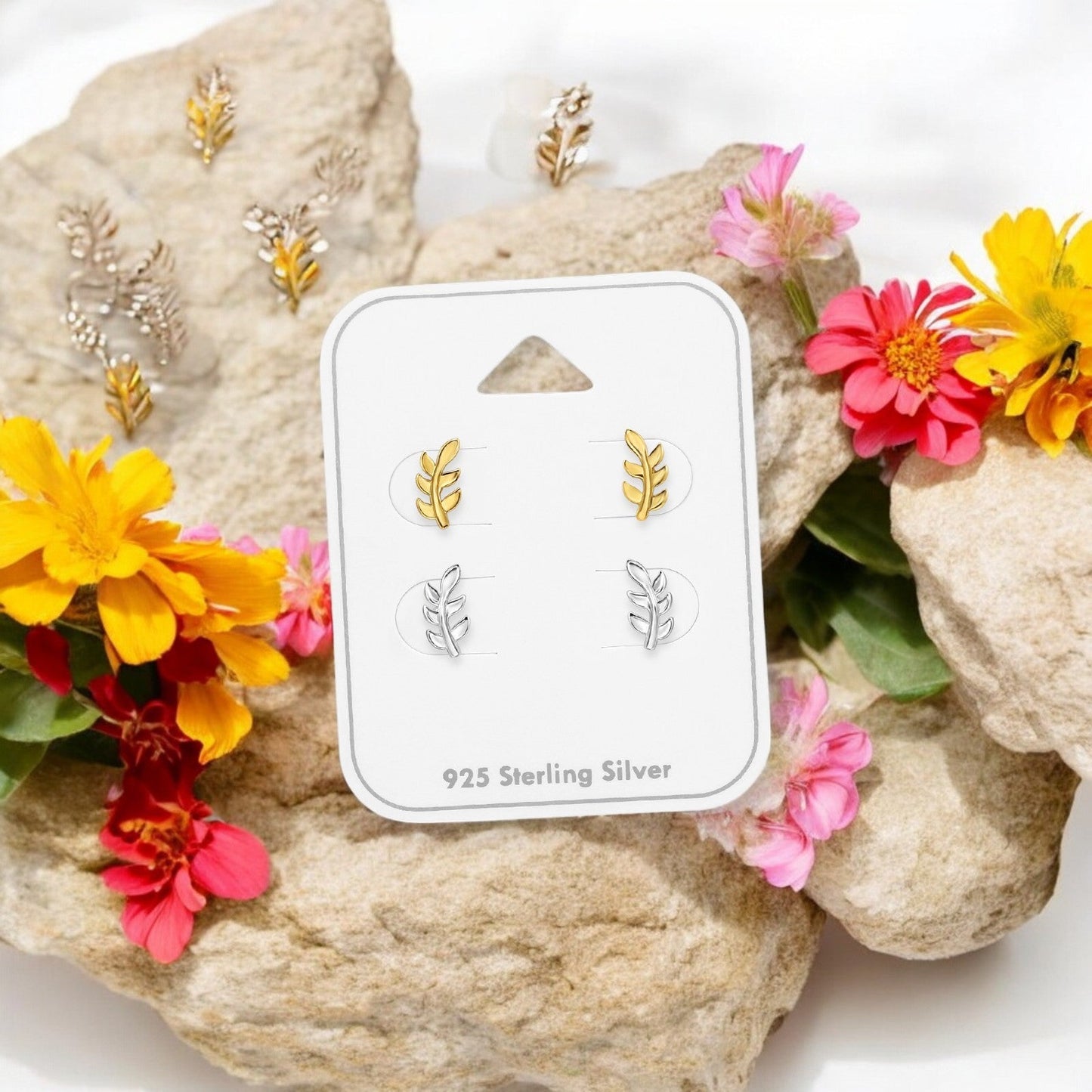 Laser Cut Leaf Sterling Silver Ear Studs Set and Jewelry on Card Giulia'secret