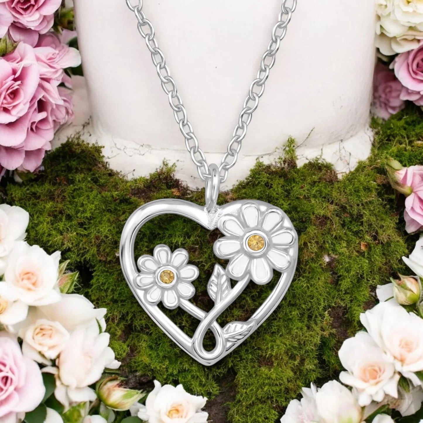 Heart with Sun Flower Sterling Silver Necklace with Cubic Zirconia and Epoxy Giulia'secret