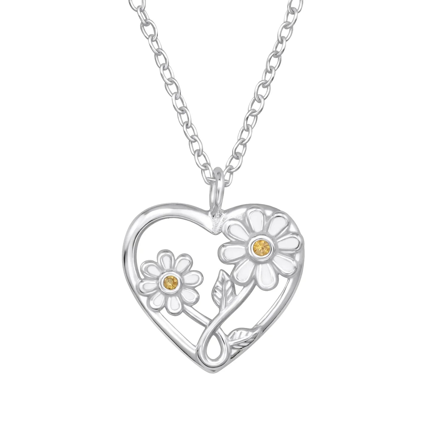 Heart with Sun Flower Sterling Silver Necklace with Cubic Zirconia and Epoxy Giulia'secret