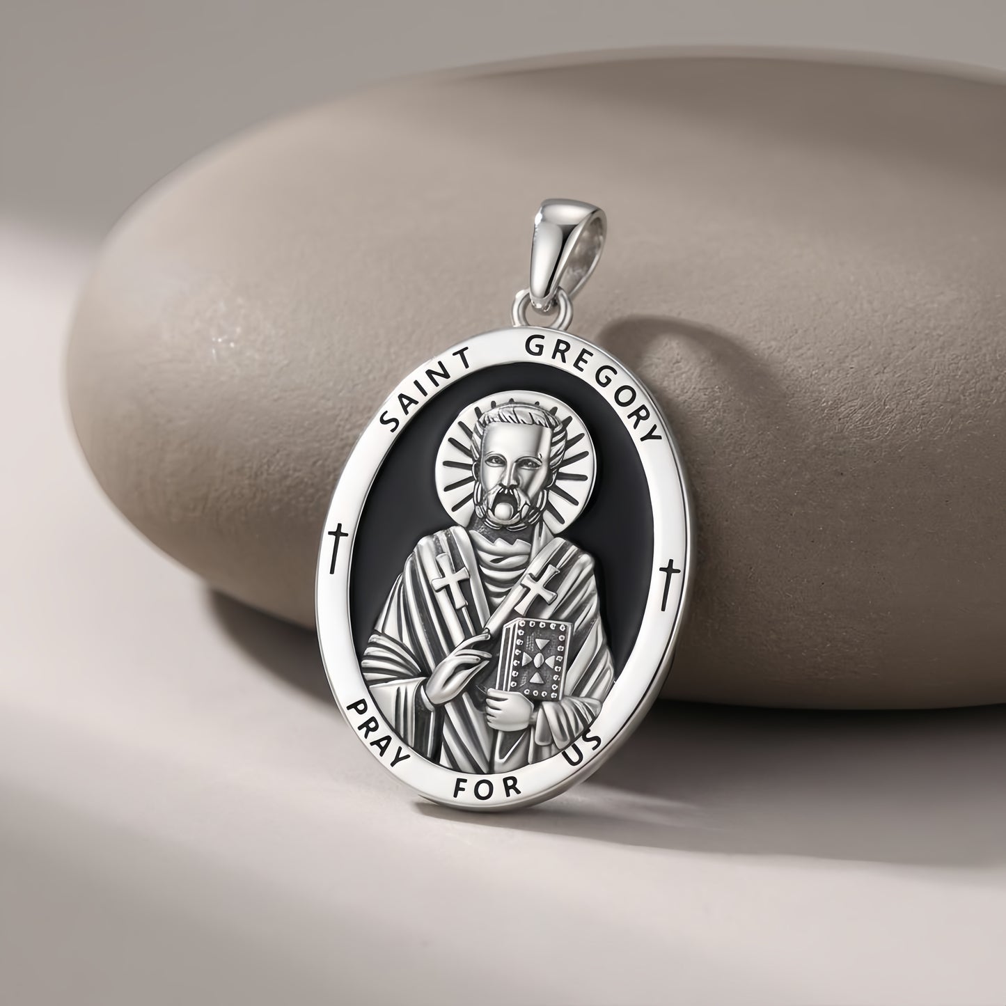 925 Sterling Silver Sterling Saint Gregory Oval Pendant - Engraved Religious Jewelry with Crosses and Prayer Inscription