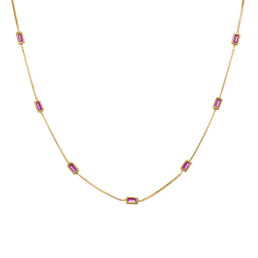 Sterling silver fine box chain necklace with multi baguette set ruby pink CZ Giulia'secret