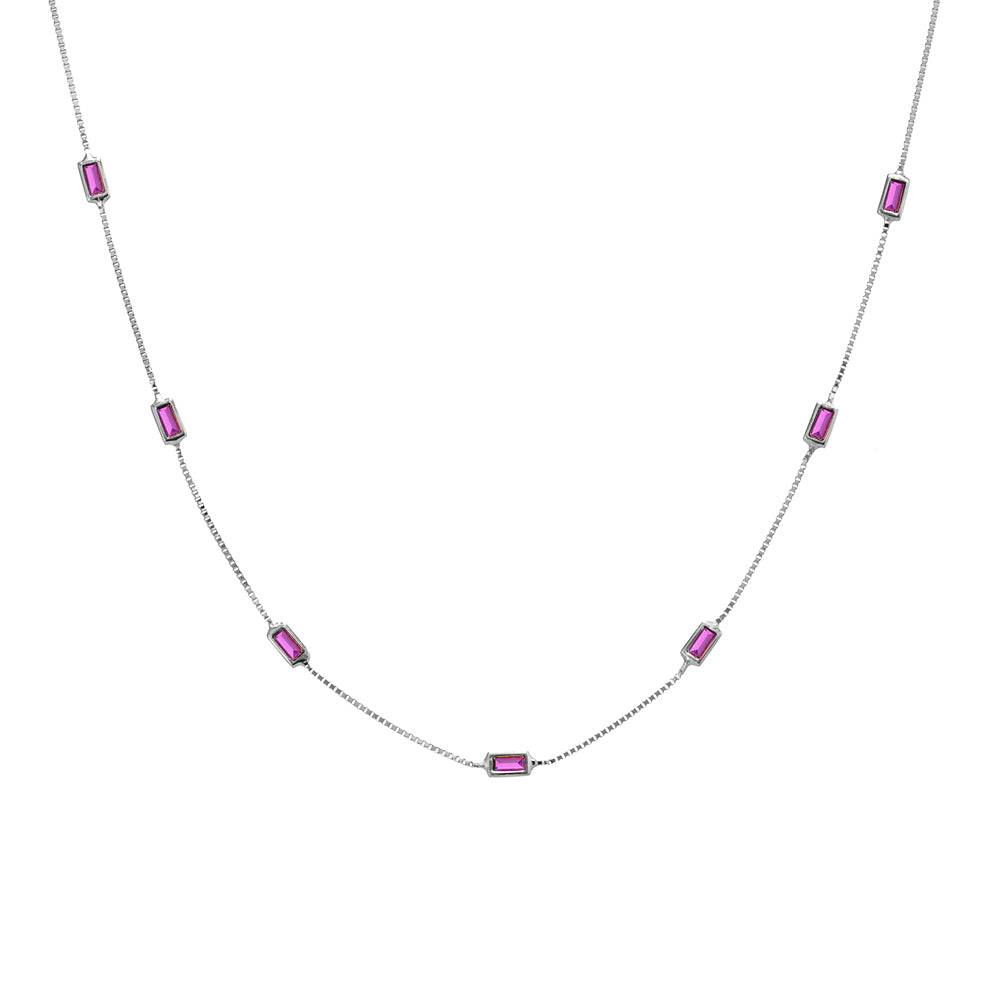 Sterling silver fine box chain necklace with multi baguette set ruby pink CZ Giulia'secret