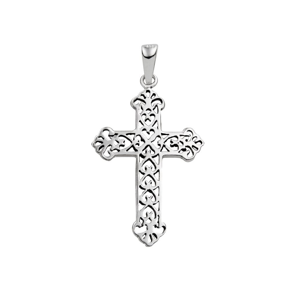 Sterling silver filigree heart detail cross pendant
