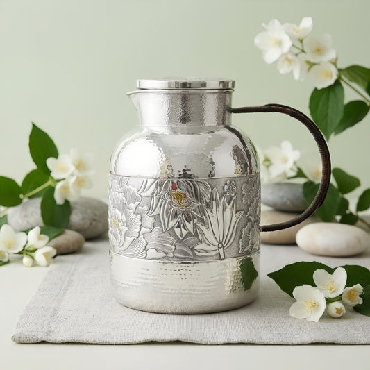 925 Sterling Silver Elegant Floral Engraved Pitcher with Hand-Wrapped Rattan Handle - Handicraft