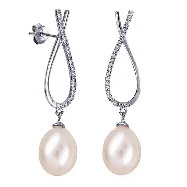Silver Oval Freshwater Cultured Pearl / White Cz Drop Pearl Giulia'secret