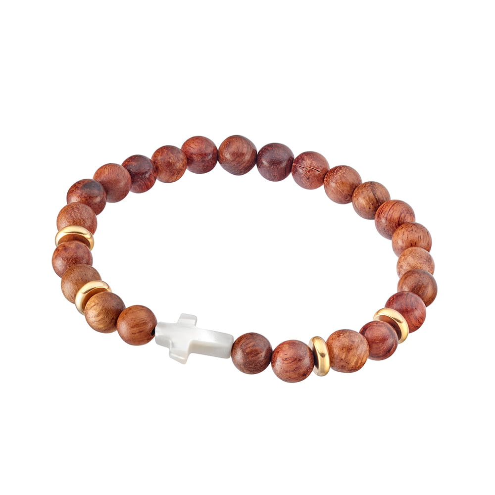 Blaze men’s rosewood bead bracelet with gold plated stainless steel and shell cross Giulia'secret
