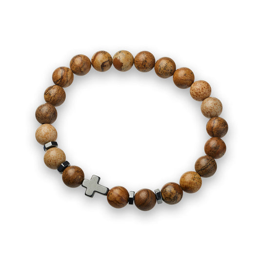 Blaze stainless Jasper beaded stone elastic bracelet with steel cross pendant Giulia'secret
