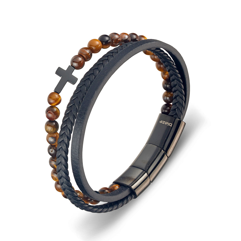 Blaze men’s yellow tiger eye bead and multi-strap leather bangle with shiny black cross