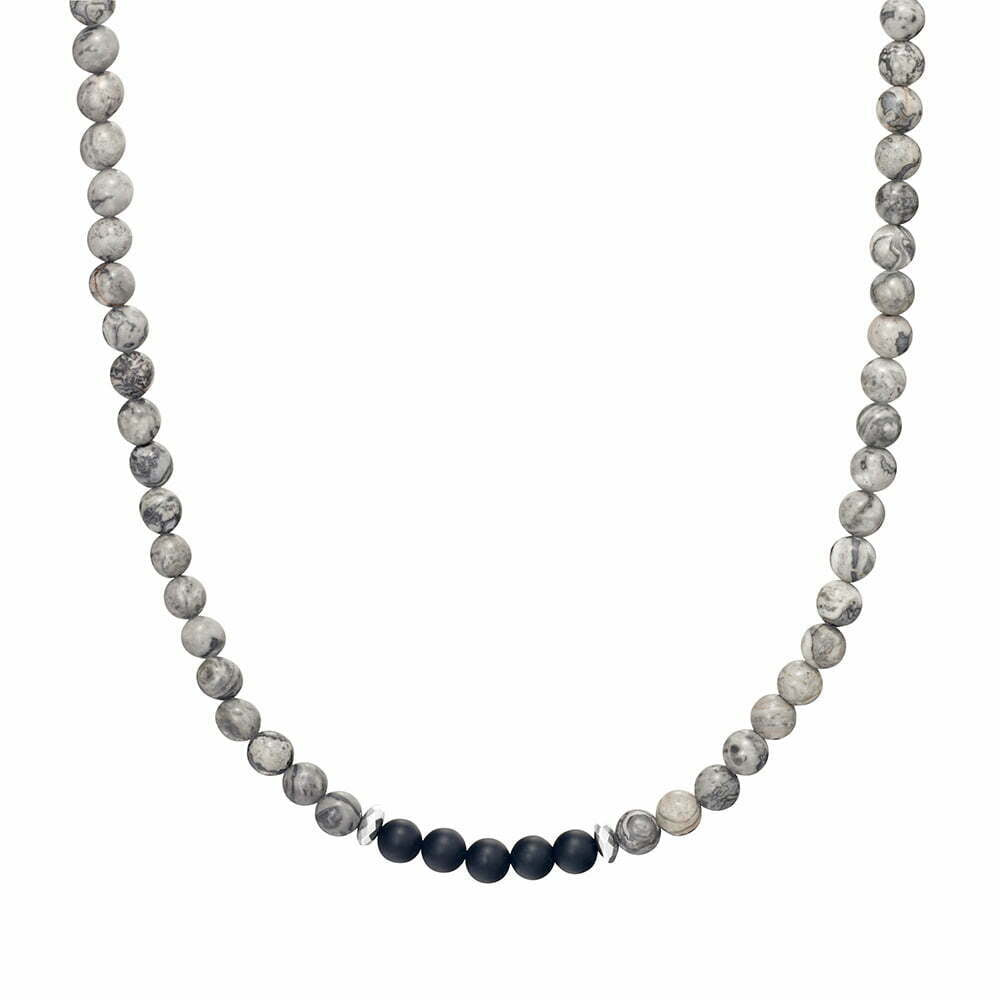 Blaze men’s grey jasper and black onyx bead necklace with stainless steel lobster clasp Giulia'secret