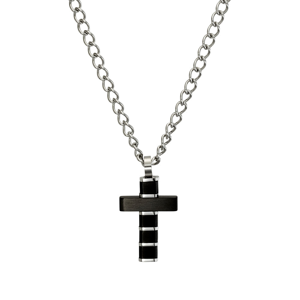 Blaze men’s flat black and stainless steel cross pendant necklace with curb chain Giulia'secret