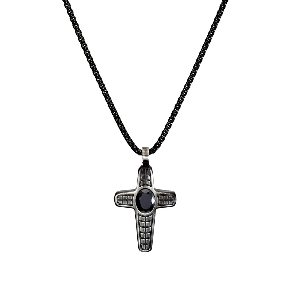 Blaze men’s black stainless steel round edge patterned cross pendant necklace