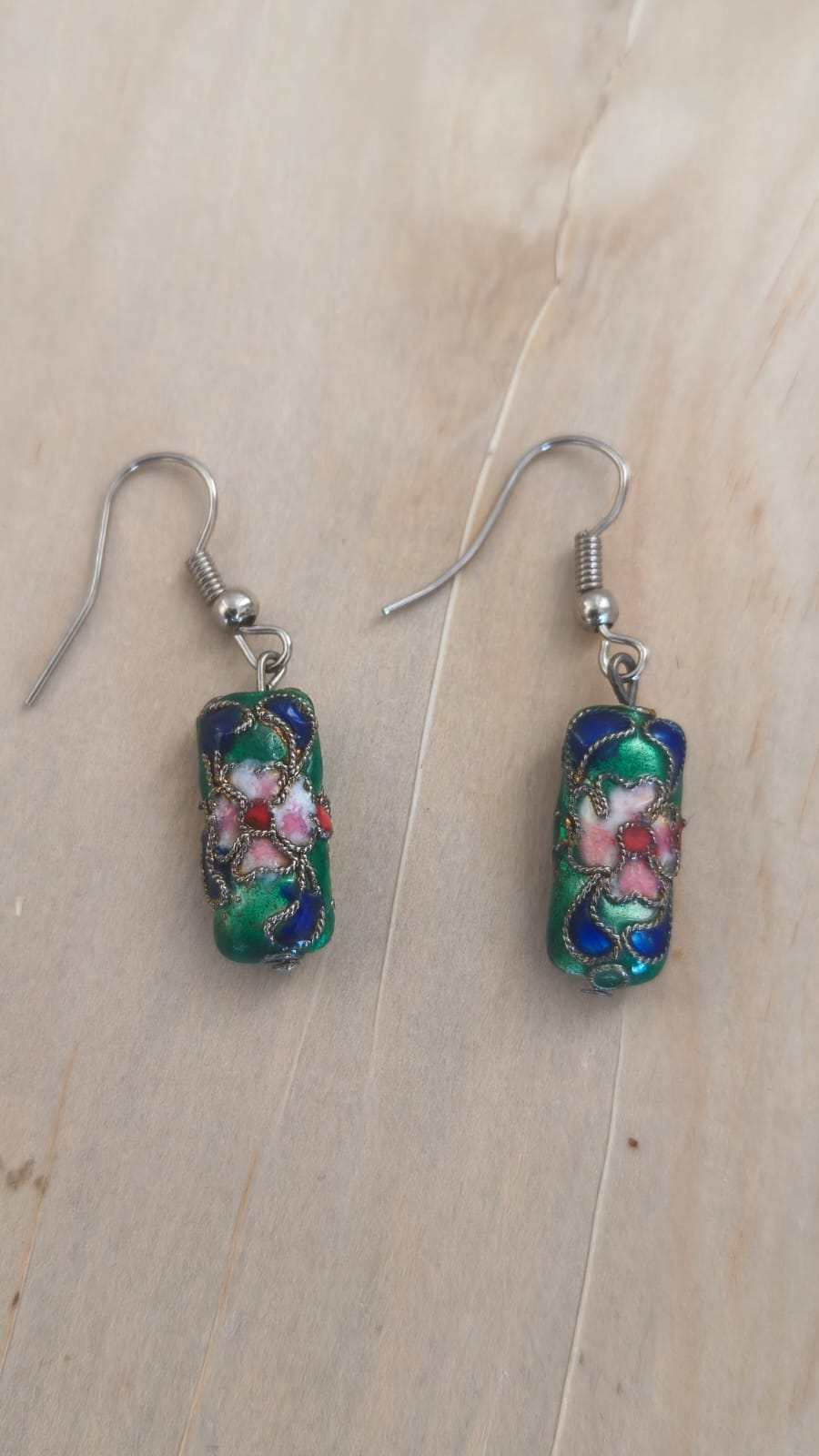 Vintage Style Cloisonné Enamel Floral Cylinder Drop Earrings Green Blue Pink