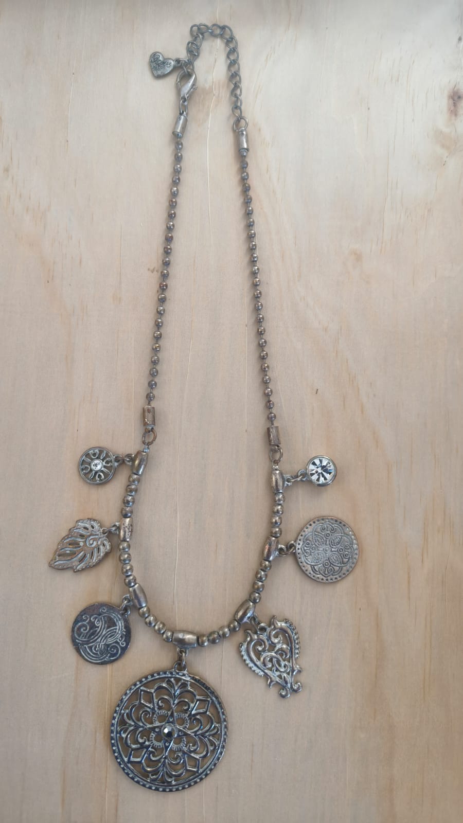 Vintage Silver Tone Beaded Charm Necklace Antique Style Statement Piece