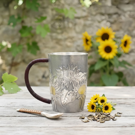 Pure 999 Fine Silver Elegant Sunflower Mug with Wooden Handle-Premium Master Cup - Handicraft