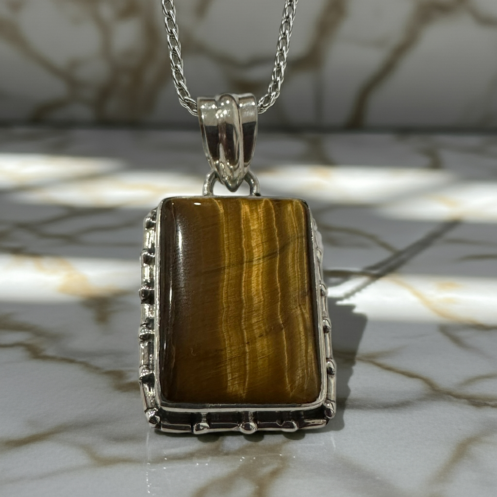 Vintage Silver Pendant with Brown Rectangular Stone Giulia'secret