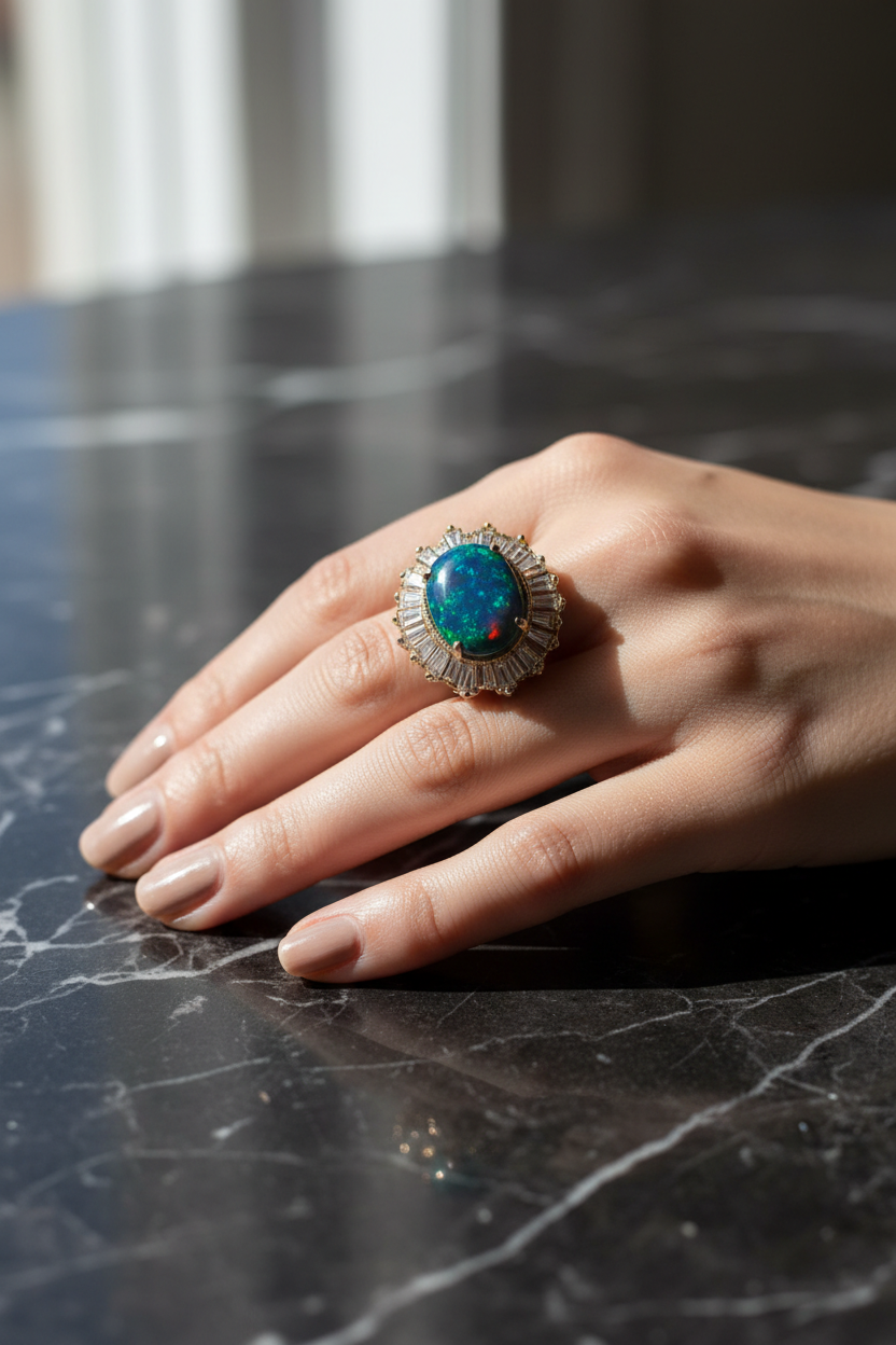 Lifestyle shot of 18k gold black opal cocktail ring worn on elegant hand, dark marble surface