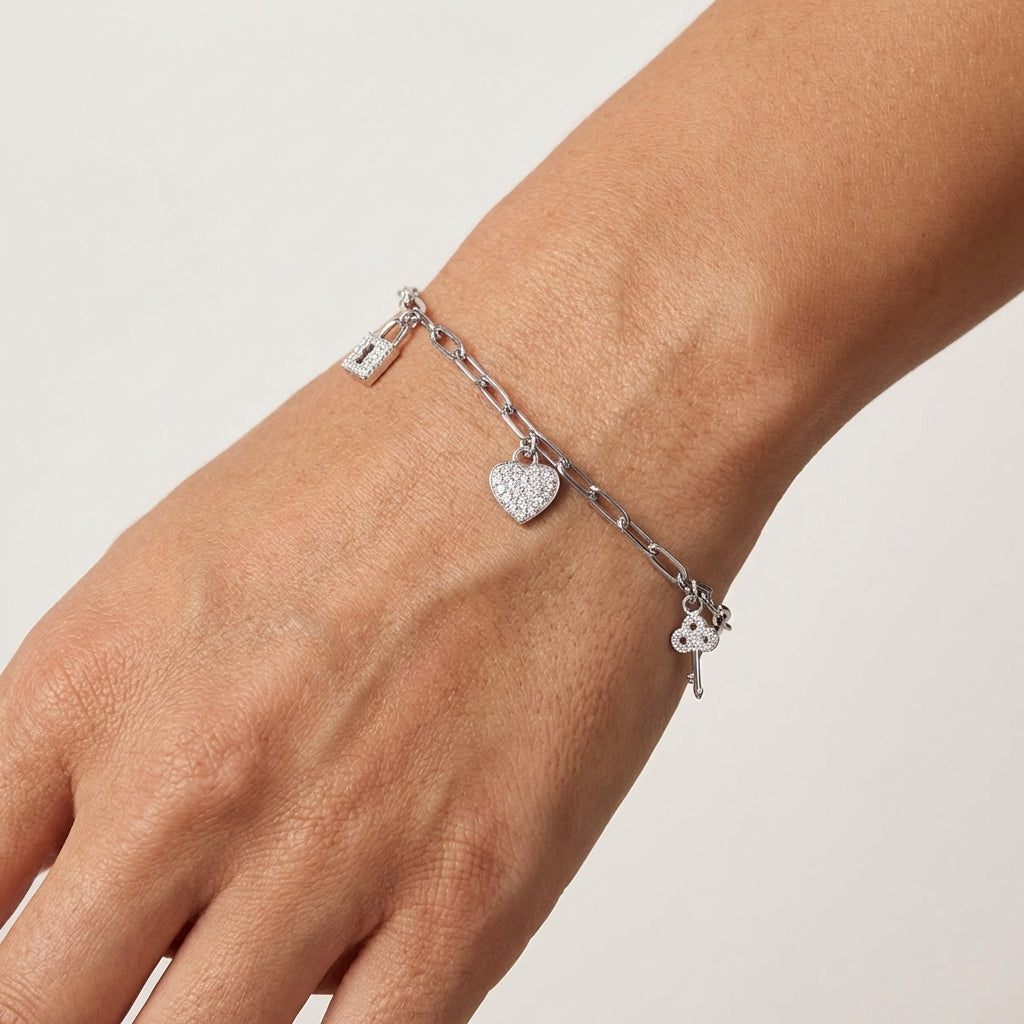 Silver-Tone Charm Bracelet with White CZ Padlock, Heart & Key, Adjustable 16–19 cm