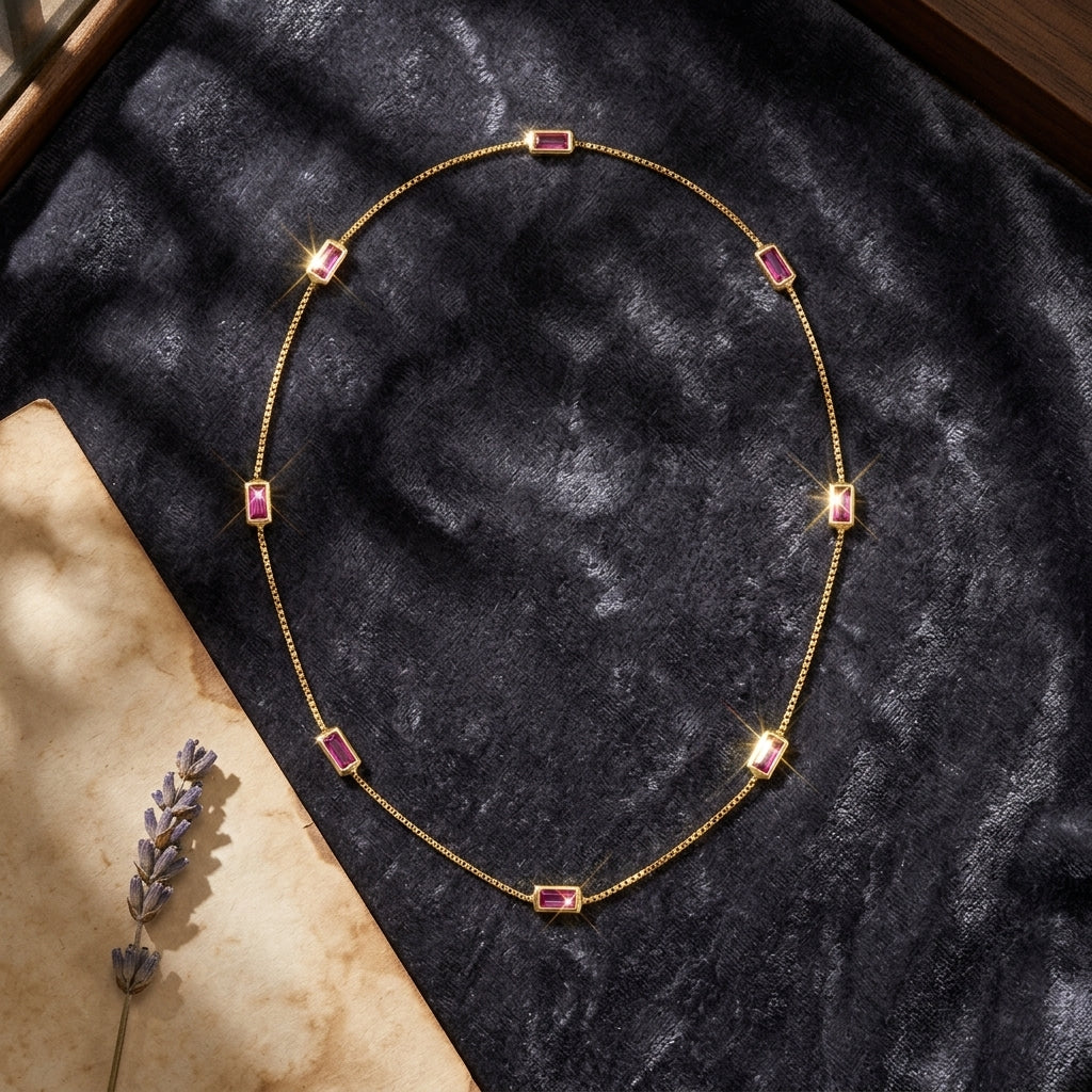 Sterling silver fine box chain necklace with multi baguette set ruby pink CZ